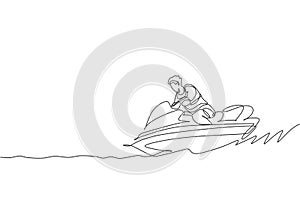 One single line drawing young sporty man play jet skiing in the sea beach graphic vector illustration. Healthy lifestyle and photo