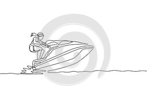 One single line drawing young sporty man play jet skiing in the sea beach graphic vector illustration. Healthy lifestyle and