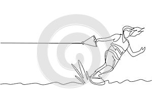 One single line drawing of young sporty man play wakeboarding in the sea beach vector illustration. Healthy lifestyle and extreme