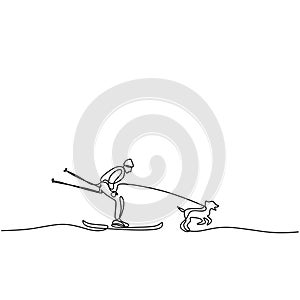 One single line drawing young sporty man playing ski ice. Young sporty energetic male on skis is pulled by a dog isolated on white