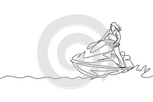 One single line drawing of young sporty woman play jet skiing in the sea beach vector illustration. Healthy lifestyle and extreme