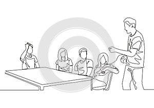 One single line drawing of young startup CEO lead the company gathering and meeting with his team members at the office. Business