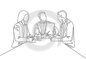 One single line drawing of young startup founder explain profit sharing plan to the investors during meeting. Business investment