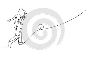 One single line drawing young talented bowling player woman throw ball to hit bowling pins graphic vector illustration. Healthy