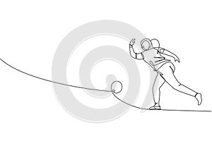 One single line drawing young talented bowling player woman throw ball to hit bowling pins vector graphic illustration. Healthy