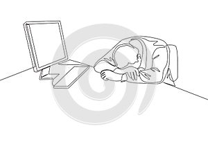 One single line drawing of young tired male employee sleeping on the work desk with computer. Work overload fatigue concept