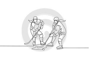 One single line drawing of young two ice hockey player in action to win the puck at competitive game on ice rink stadium vector