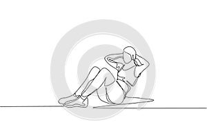 One single line drawing young woman working out doing sit up in gym to strengthen body vector illustration. Fitness sport