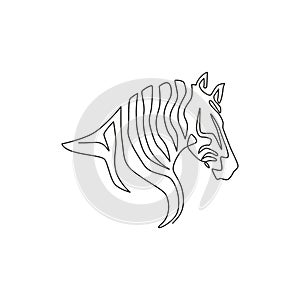 One single line drawing of zebra head for national park zoo safari logo identity. Typical horse from Africa with stripes concept