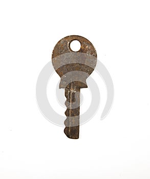 One single metal vintage rusty antique key isolated on white background. Home security concept