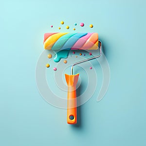one single Paint roller with colorful paint on it against pastel blue background
