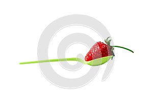 One single red ripe strawberry laying on vivid green plastic spoon