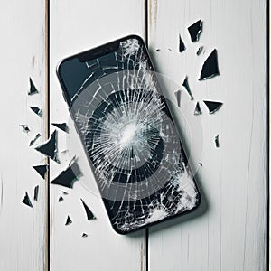 one single shattered smartphone screen on white empty wooden table top view