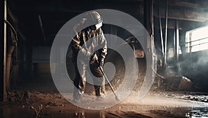One skilled welder in protective gear spraying molten metal indoors generated by AI