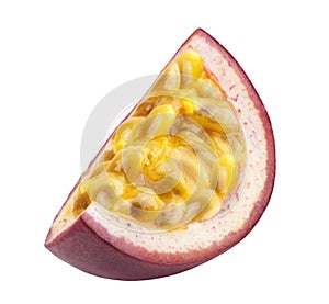 One slice of passion fruit isolated on white background.