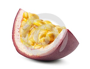 One slice of passion fruit isolated on white background.