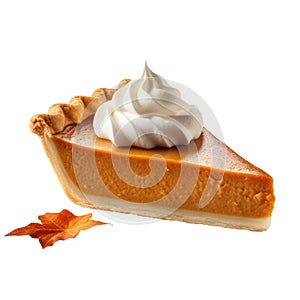 One slice of pumpkin pie on isolated white background