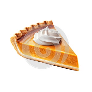 One slice of pumpkin pie on isolated white background