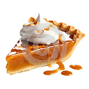 One slice of pumpkin pie on isolated white background