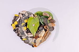 One small herbal pill on a green leaf with assorted spices and tablets. Alternative medicine concept