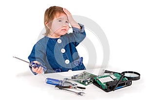 One small little girl fixing router or modem or PCB.