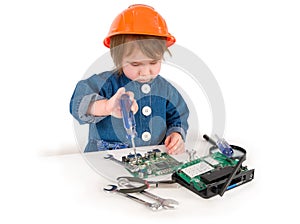 One small little girl fixing router or modem or PCB.