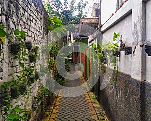 One of the small and narrow alleys on Walikota Mustajab Street, Surabaya, Indonesia.