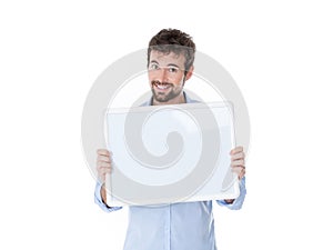 One smiling guy with a white panel in his hands