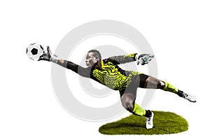 One soccer player goalkeeper man catching ball