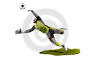 One soccer player goalkeeper man catching ball