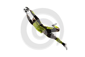 One soccer player goalkeeper man catching ball