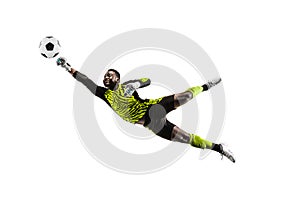 One soccer player goalkeeper man catching ball