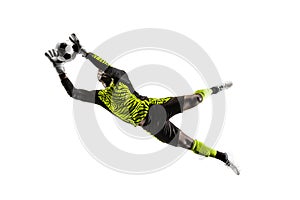 One soccer player goalkeeper man catching ball