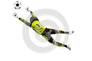 One soccer player goalkeeper man catching ball