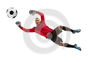 One soccer player goalkeeper man catching ball