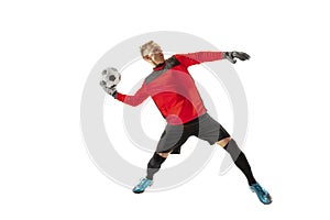 One soccer player goalkeeper man throwing ball