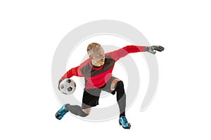 One soccer player goalkeeper man throwing ball