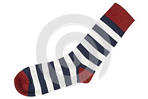 One sock with different lines isolated on white background. Colorful sock son white background. Colored socks on the leg isolated