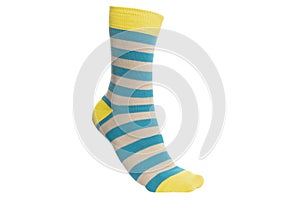 One sock with different lines isolated on white background. Colorful sock son white background. Colored socks on the leg isolated