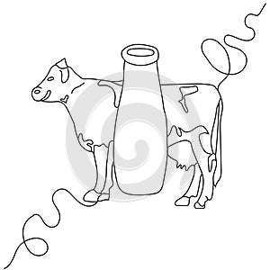 One solid line drawing vector illustration of cow and bottle of milk.