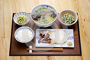 One soup and three side dishes seafood set meal, Japanese cuisine