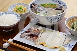 One soup and three side dishes seafood set meal, Japanese cuisine
