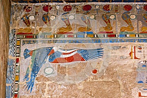 One of the spectacular bas reliefs at the Temple of Hatshepsut at Deir al-Bahri near Luxor in Egypt.