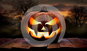 One spooky halloween pumpkin, Jack O Lantern, with an evil face and eyes on a wooden bench.