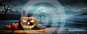 One spooky halloween pumpkin Jack O Lantern with an evil face and eyes on a wooden bench table with a misty gray coastal night