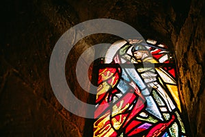 One of the stained glass windows shot from the inside of St Marg