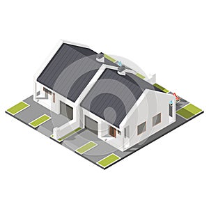 One storey connected cottage with slant roof for two families isometric icon set