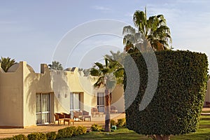 One-storey hotel building in the Arabic style. Tropical luxury tourist resort near the Red Sea. Summer vacation concept