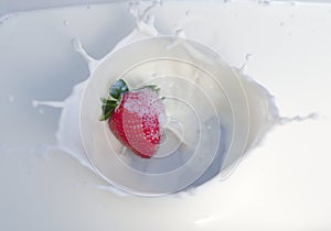 One strawberry splashing into creamy yogurt