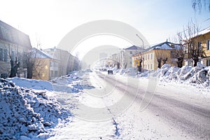 On one of the streets of the Sheregesh urban locality in Mountain Shoria, Siberia.